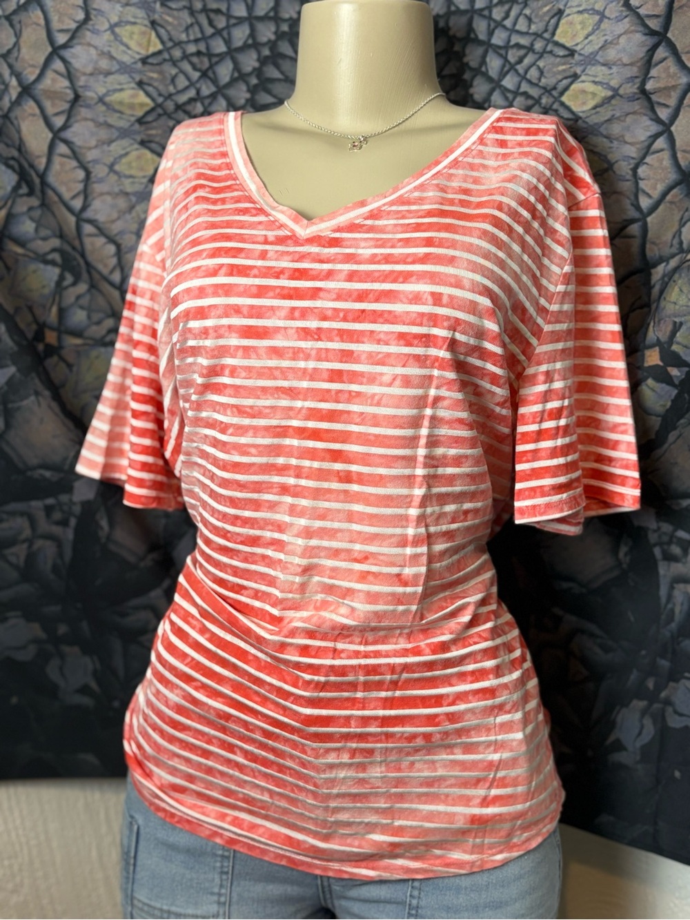 Terra & Sky Coral and White Striped V-Neck Tee